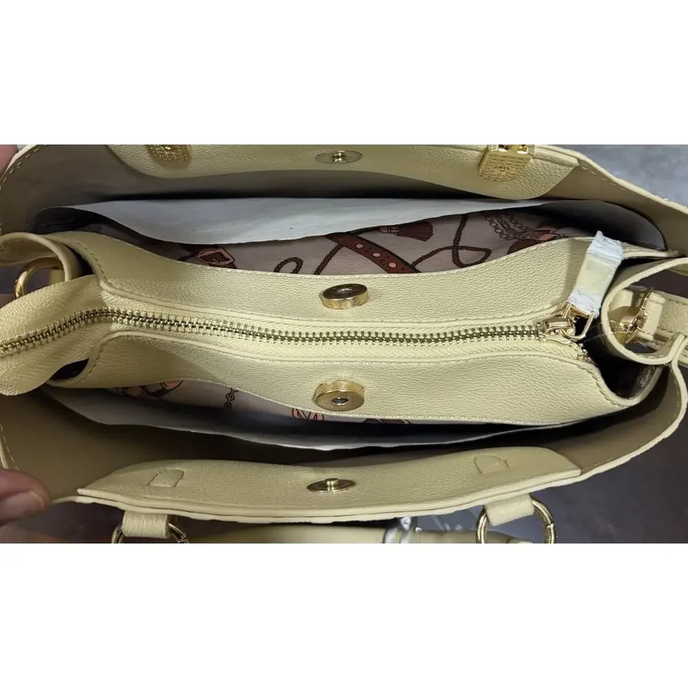 La Terre Beige Embossed Diamond Satchel Handbag Gold Tone Hardware NWT